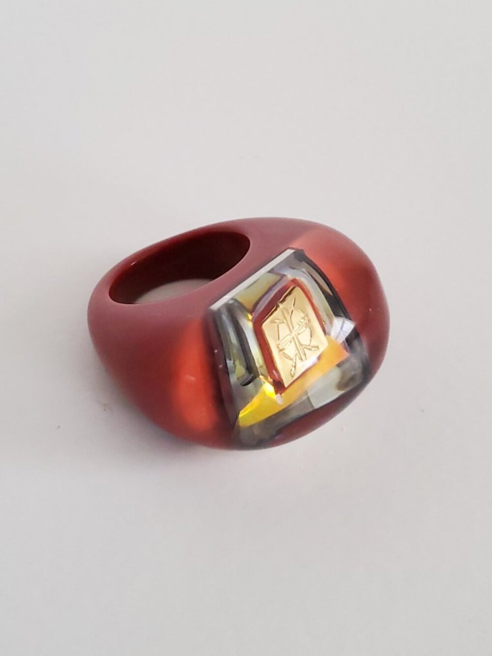 Luc Kieffer Burgundy Resin Swarovski Logo Ring Sz 6.5 NWOT